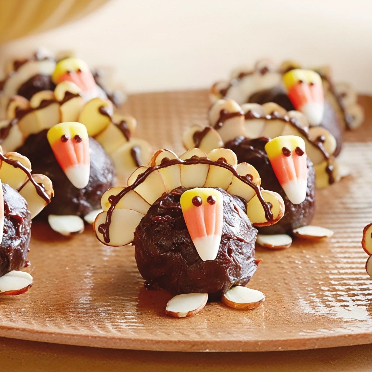 Adorable chocolate truffle turkeys decorated with sliced almond tail feathers and candy corn beaks for fun Thanksgiving dessert ideas.
