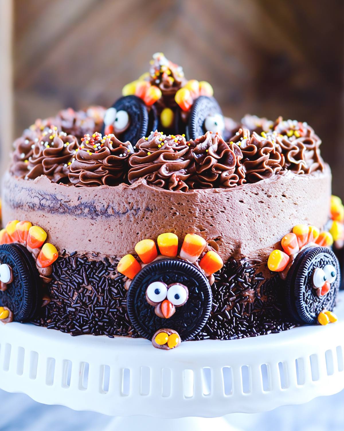Festive Thanksgiving Oreo chocolate cake frosted with rich chocolate buttercream and decorated with cute candy corn and Oreo turkeys for Thanksgiving dessert ideas.