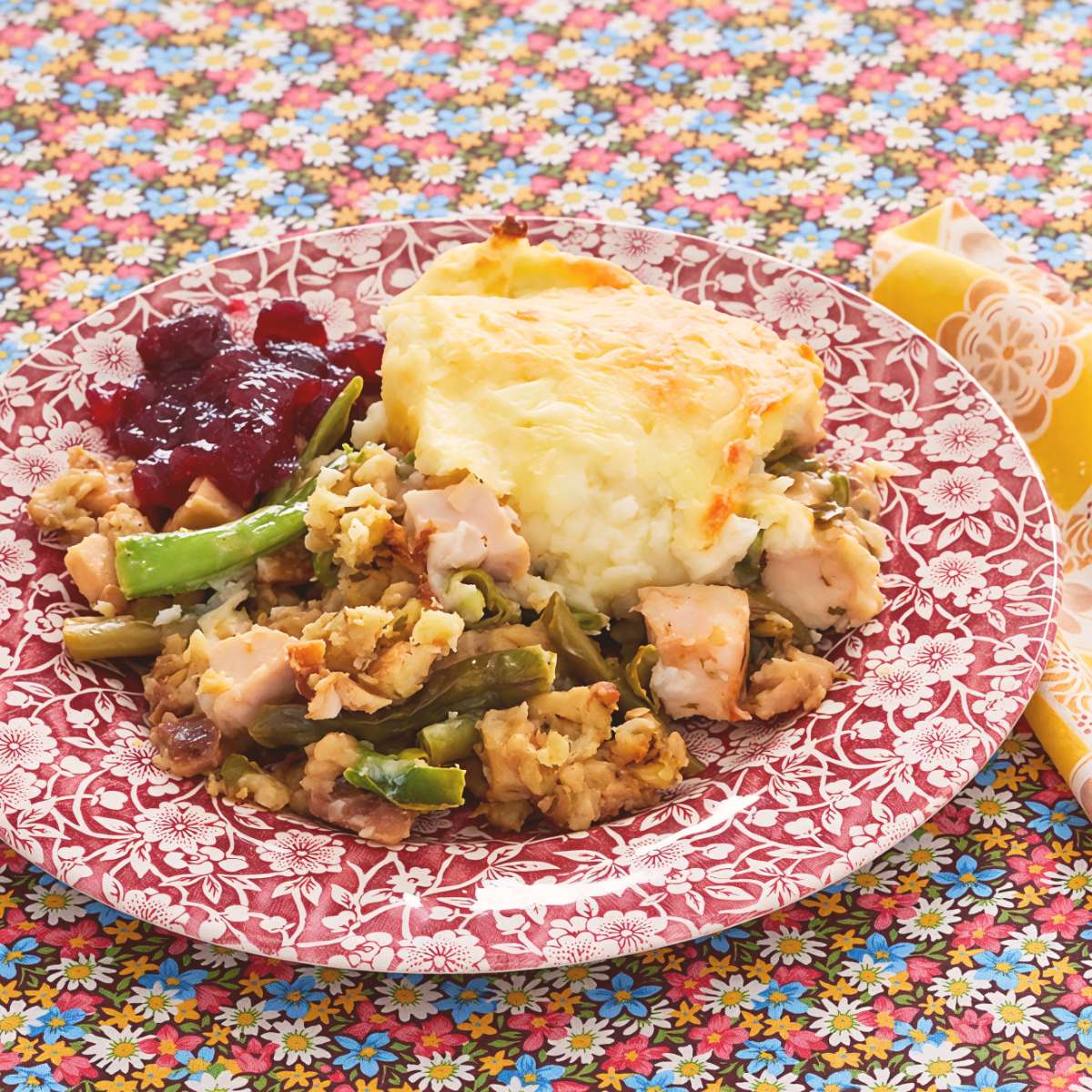 Hearty Thanksgiving leftover casserole with tender turkey, stuffing, and a golden, crispy topping.