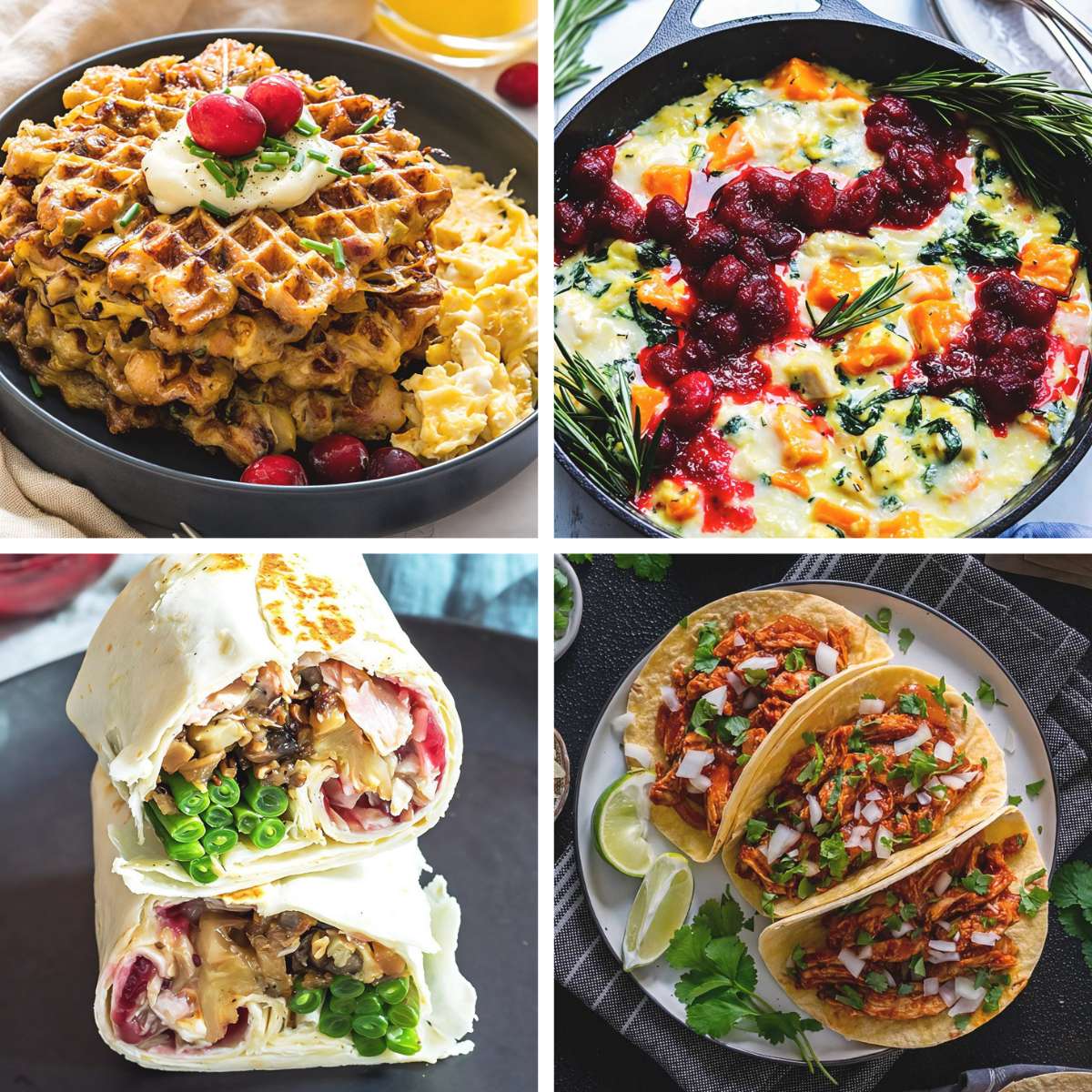 A photo collage featuring four creative Thanksgiving leftover ideas, including stuffing waffles, a turkey frittata, a leftover burrito, and shredded turkey tacos