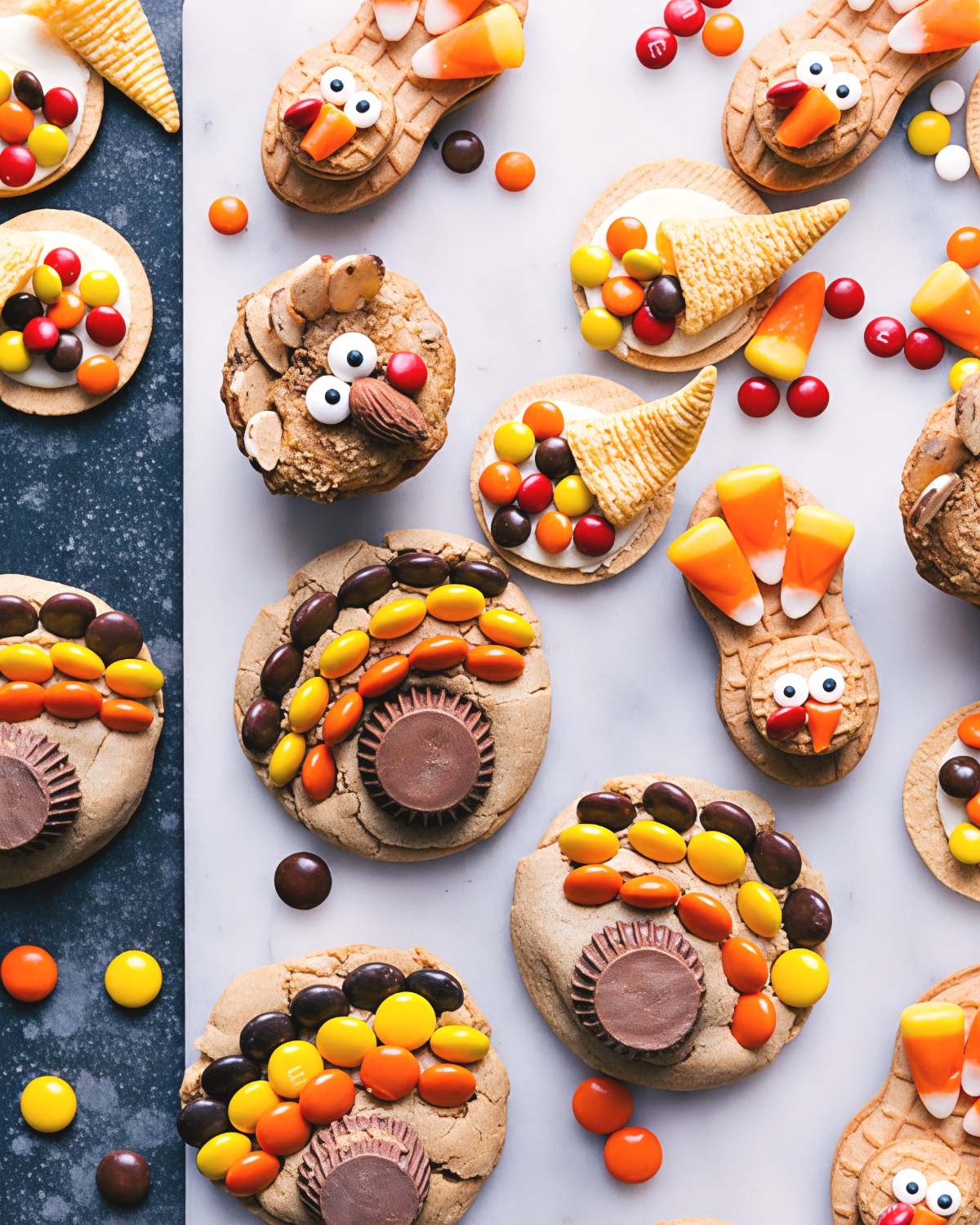 An assortment of festive Thanksgiving cookies featuring peanut butter cup turkeys, candy corn treats, and Bugles cornucopias, perfect alongside thanksgiving sugar cookies decorated for autumn dessert platters.