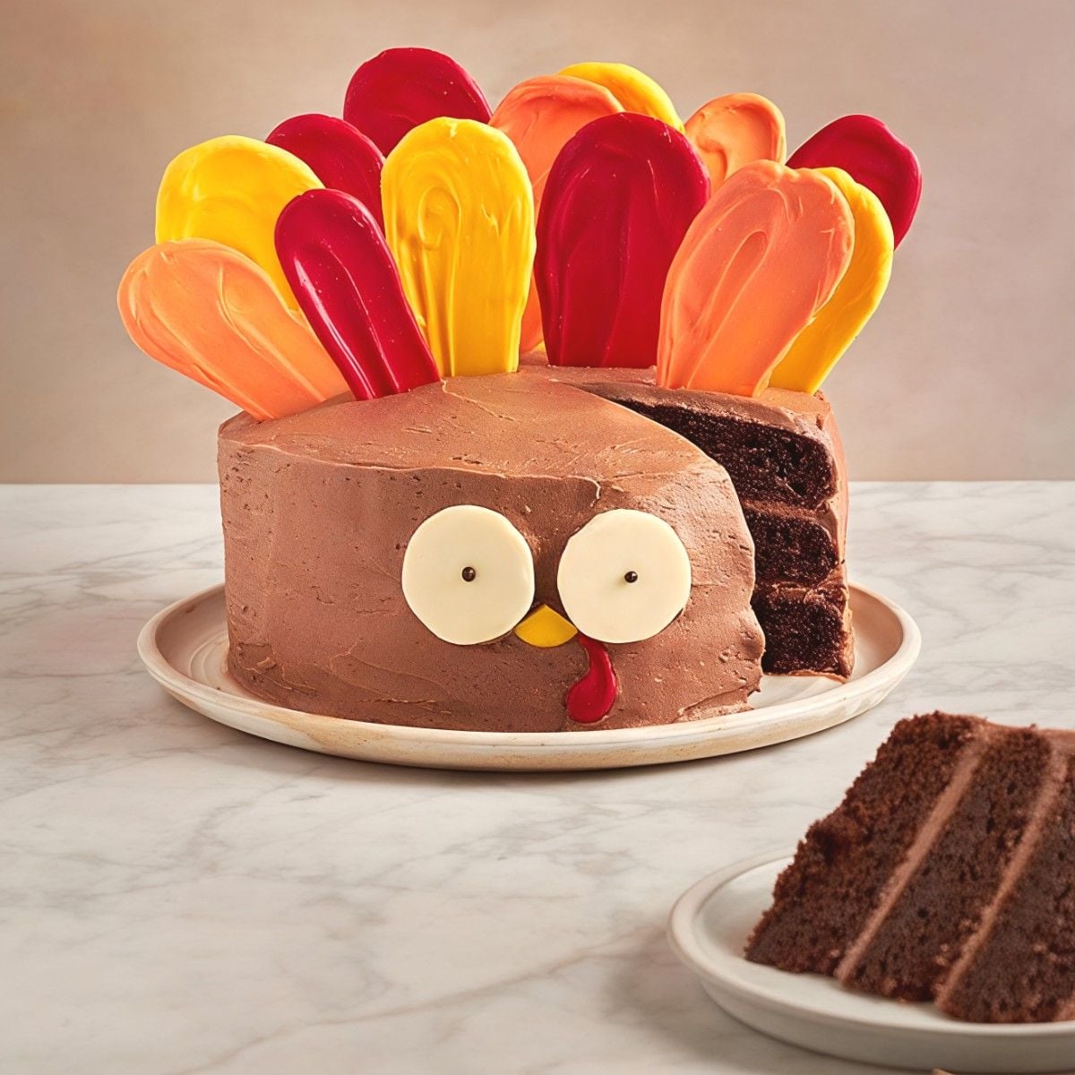 Sliced chocolate Thanksgiving turkey cake adorned with colorful feather topper decorations and large round candy eyes.