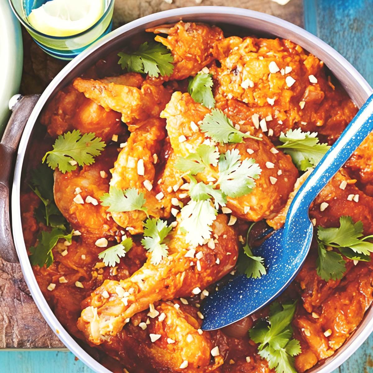 A pot of West African chicken peanut stew with tender bone-in chicken pieces simmered in a rich tomato-peanut sauce, garnished with chopped peanuts and fresh cilantro leaves.